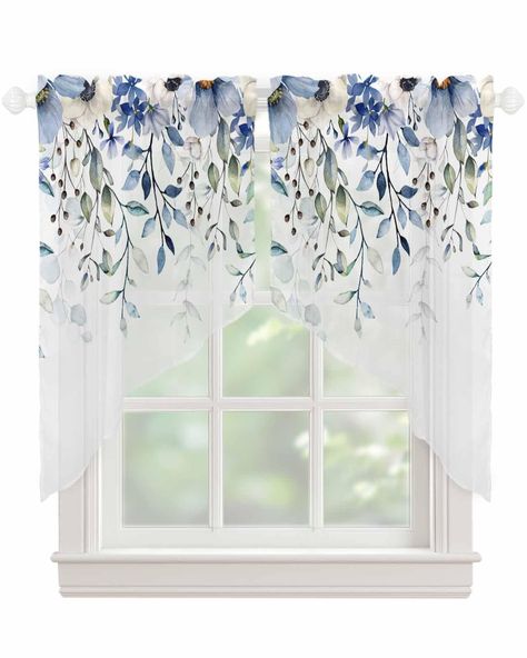 PRICES MAY VARY. Ready to Hang: 2 panels blue floral swag valances curtains per package, each valance measures 28 inch width and 36 inch length. These blue eucalyptus rod pocket swag valances for windows fit well with most of the 3 inch diameter rod pocket, easy to install no assembly tools required quick and easy to hand on, glides smoothly and does not tear easily. Premium Sheer Valances: This blue floral sheer swag window valances made of polyester voile fabric, which is lightweight and breat Living Room Valance Ideas, Window Toppers Ideas Valances, Valance Curtains Living Room, Curtains With Valance, Eucalyptus Swag, Bedroom Valances, Valances For Windows, Curtain For Kitchen, Farmhouse Valance