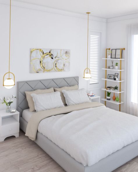 White And Gold Bedroom, Glamour Bedroom, Grey And Gold Bedroom, Modern White Bedroom, Gold Bedroom Decor, White Bedroom Design, White Bedroom Decor, Bedroom White, Modern Bedroom Interior