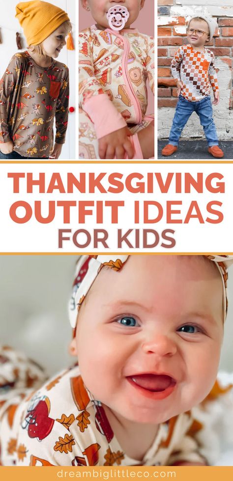 Image of children wearing Thanksgiving outfits. Thanksgiving shirts with dinosaur turkeys on it. Thanksgiving baby romper with pumpkin pie on it. Thanksgiving boy outfits in fall colors and Thanksgiving dresses for babies with leaves and football helmets on it. Really cute Thanksgiving outfit ideas! Thanksgiving Outfit Ideas Casual, Thanksgiving Looks Outfits, Fall Thanksgiving Outfits, Simple Thanksgiving Outfits, Ideas For Thanksgiving Dinner, Outfit Ideas For Thanksgiving, Thanksgiving Looks, Newborn Halloween Outfits, Casual Thanksgiving Outfits