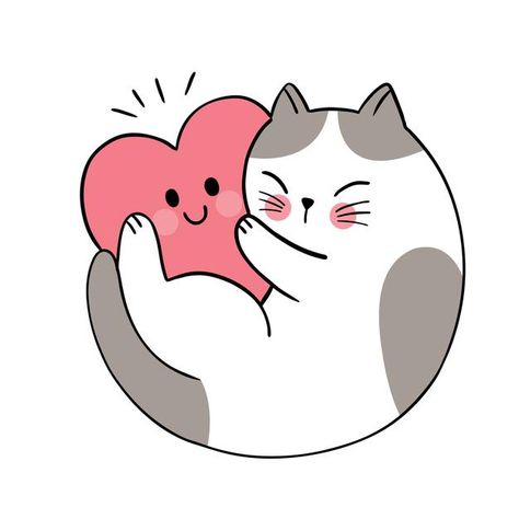 Cat Hug Gif, Ideas Noteit, Cute Heart Drawings, Cute Valentine Ideas, Valentine Drawing, Simple Cat Drawing, Cat Logo Design, Valentines Day Drawing, Cat Hug