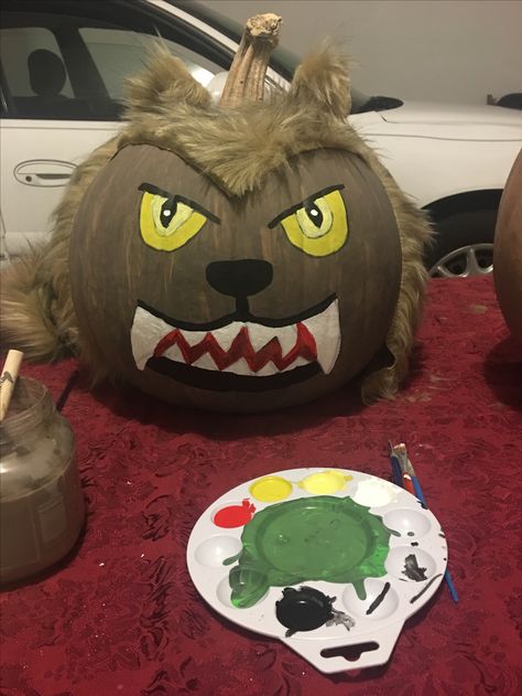 Made this for Halloween 2017 Werewolf Pumpkin Painting, Painted Punkins, Chucky Pumpkin, Werewolf Pumpkin, Wolf Pumpkin, Pumpkin Competition, Storybook Pumpkin, October Diy, Story Book Pumpkin