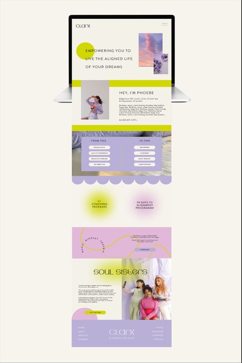 Clark Alignment Life Coach website and branding design by Thirteen Creative Studio. We created a modern, fun, bold brand full of personality for Clark, using a lavender and lime colour palette. If you want a brand identity that reflects your personality, incorporates your values and speaks directly to your target audience then our brand alignment design service could be for you. Thirteen Creative Studio work with conscious thinking businesses & spiritual creatives to find your brand soul. Fun Branding Design, Portfolio Case Study, Alignment Design, Life Coach Website, Fun Branding, Landing Page Website, Coach Website, Portfolio Case, Custom Website