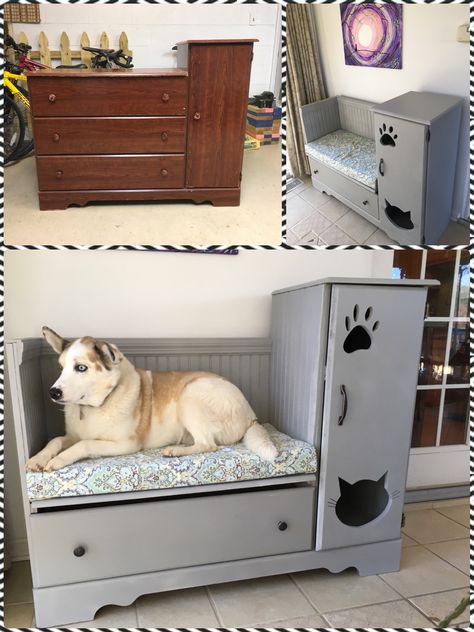 Dresser converted to dog bed! Refurbished Furniture For Pets, Dresser Into Dog Bed, Night Stand Dog Bed, Dog Bed From Dresser, Coffee Table Dog Bed, Dog Dresser, Creative Dog Bed, Upcycled Pet Bed, Cute Dog Beds