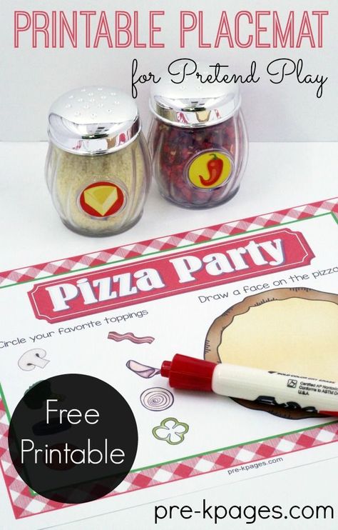 Pretend Pizza Shop for Preschoolers. A Printable Placemat for a Dramatic Play Pizza Shop in Preschool or Kindergarten. Make pretend play fun and meaningful for kids Pizza Parlor Dramatic Play Free Printable, Dramatic Play Pizza Shop Free Printable, Pizza Planet Printable, Preschool Restaurant, Play Pizza Shop, Preschool Pizza, Learning Pods, Printable Placemat, Play Printables