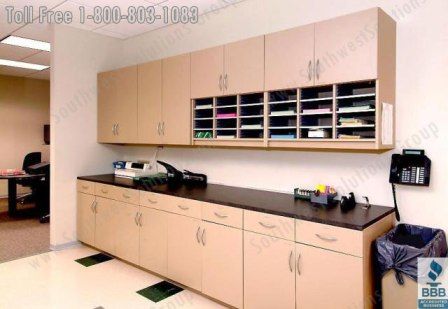 Work room - Like top and bottom cabinets. Also like that bottom has drawers & cabinets Medical Office Countertops, Office Copy Room Design, Copy Room Organization Office, Copy Room Design, Office Copy Room, Mail Room Design, Printing Station, Law Office Design, Cubicle Makeover