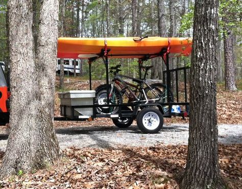 Kayak Bike Trailer, Canoe Trailer, Kayak Ideas, Camping Trailer Diy, Kayak Trailer, Adventure Trailers, Enclosed Trailer, Trailer Diy, Kayak Storage