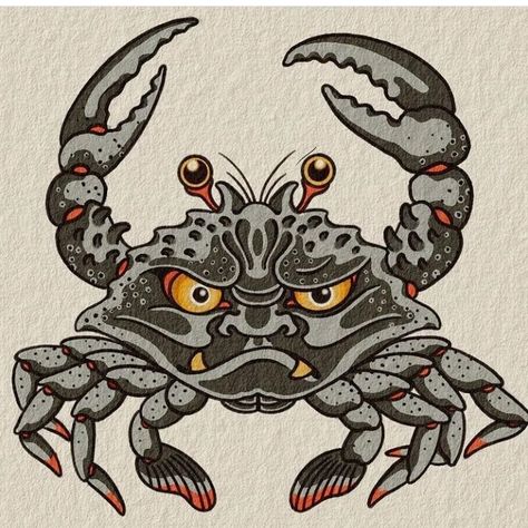 Heikegani Crab Tattoo, Crab Japanese Tattoo, Rokurokubi Tattoo, Crab Tattoo Traditional, Heikegani Tattoo, Namakubi Tattoo Traditional, Horimono Tattoos, Traditional Crab Tattoo, Japanese Traditional Tattoo Flash