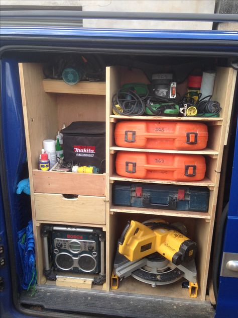 Van tool racking, ,Made from off cuts Small Van Storage Ideas, Van Racking Ideas Carpenter, Van Tool Storage Ideas, Van Storage Ideas Tools, Van Racking Ideas, Van Fitout, Work Wagon, Work Truck Storage, Suv Storage