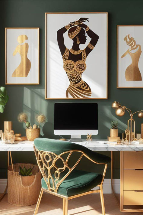 Loft Office Ideas, Rose Gold Office Decor, Chic Office Space, Gold Office Decor, Farmhouse Vibes, African Inspired Decor, Makeup Chair, Modern Office Space, Small Home Offices