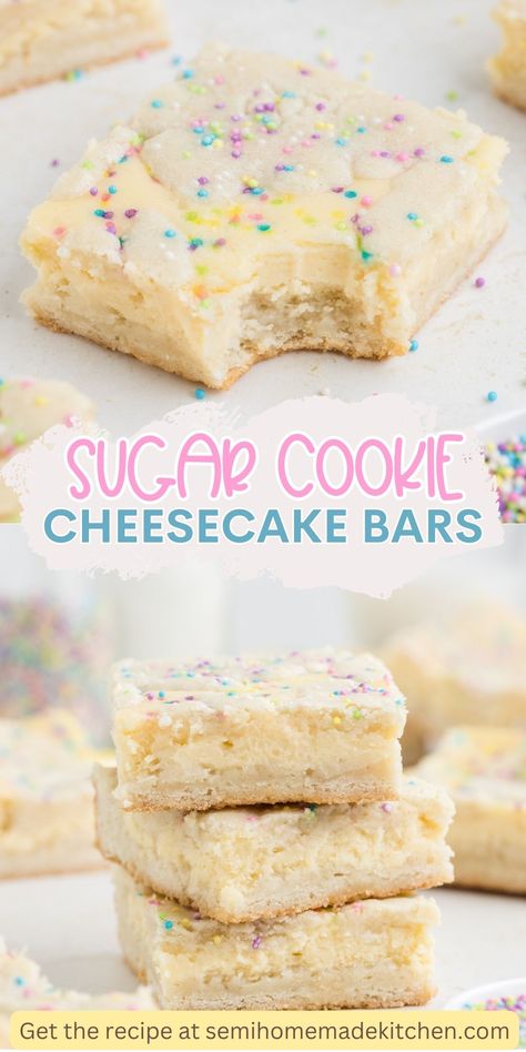 Sink your teeth into the ultimate dessert hybrid with these cheesecake cookie bars! Indulge in layers of creamy cheesecake nestled between sweet sugar cookie dough for a delectable treat your taste buds won't soon forget. Sugar Cookie Crust Dessert, Sugar Cookie Cheesecake Bars, Cheesecake Cookie Bars, Cookie Cheesecake Bars, Sugar Cookie Cheesecake, Sugar Cookie Bar Recipe, Cheesecake Cookie, Cookie Cheesecake, Cookie Dough Cheesecake