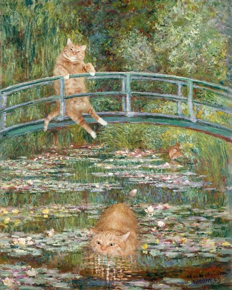 Claude Monet, Bathing in a Pond of Water Lilies by Fat Cat Art Cat Oil Painting Wallpaper, Wallpaper Backgrounds Cat Aesthetic, Cat Phone Wallpaper Aesthetic, Wallpaper Backgrounds Cat, Cat Painting Wallpaper, Black Cat Wallpaper Iphone, Famous Paintings Wallpaper, Fat Ginger Cat, Cat Art Wallpaper