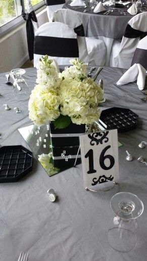 Classy black and white wedding #centerpieces @ windy hill Black White Silver Centerpieces, White Silver Centerpieces, Black And White Wedding Centerpieces, Classy Black And White Wedding, Silver Centerpieces, White Wedding Centerpieces, Silver Centerpiece, White Florals, Black And White Wedding