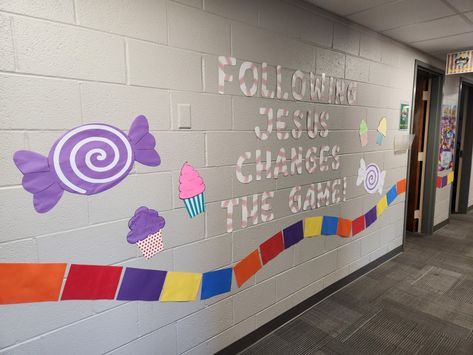 Vbs Candyland Theme, Board Game Wall Decor, Candyland Vbs Decor, Board Game Vbs Crafts, Twist And Turns Vbs 2023 Games, Candyland Hallway Theme, Twist & Turns Vbs Crafts, Twists & Turns Vbs Decorations, Board Game Vbs Decorations