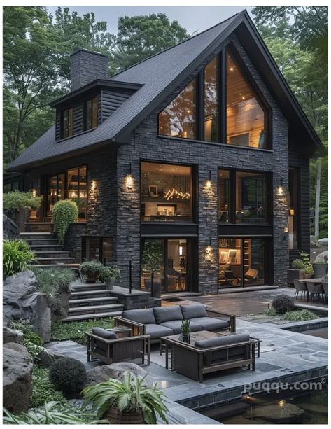 Modern Witch House Exterior, Simple Black House, Dark Mountain House, Black House With Stone, Home Exterior Black, Black House Exterior Design, Dark Modern House Exterior, Exterior Black Windows, Black Chalet