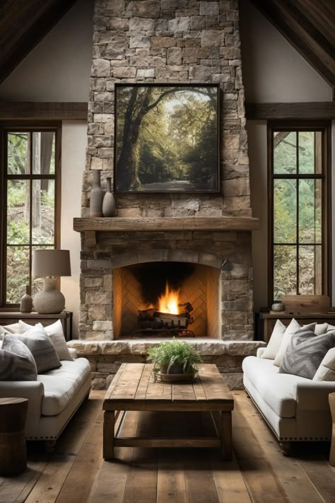 30 Stunning Stone Fireplace Ideas for Your Home Stone Fireplace 10 Ft Ceiling, Classic Living Room Fireplace, Country Home Fireplace, Stacked Limestone Fireplace, Wood Mantle On Stone Fireplace, Cottage House Living Room, Wide Fireplace Ideas, Country Fireplace Ideas, Fireplace Stone Ideas