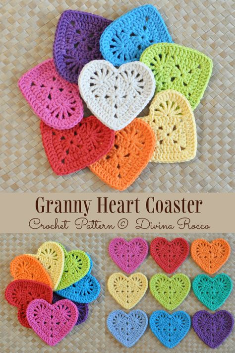 Free Heart Crochet Pattern, Crocheted Hearts, Crocheted Heart, Crochet Valentine Patterns, Heart Coaster, Granny Square Haken, Beau Crochet, Crochet Coasters Free Pattern, Crochet Heart Pattern