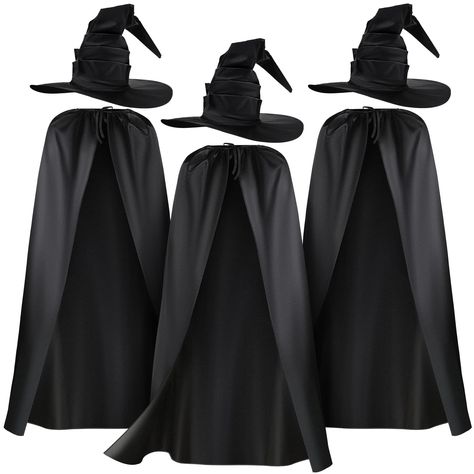 PRICES MAY VARY. Halloween Witch Costume Set: the package comes with 3 pieces of black witch hats, 3 pieces of black robe, a nice combination set to satisfy your cosplay demands One Size Fits Most: the Halloween witch hat is about 17.7 inches in outer diameter, 7.5 inches in inner diameter, the witch cloak is about 57 inches in length, one size fits most men and women to wear Quality Selection Material: the wizard hat is made of quality polyester material, soft and lightweight, reliable and serv Wizard Costume For Kids, Witches Costumes For Women, Kids Witch Costume, Pretend Play Costumes, Witch Accessories, Witch Cosplay, Black Witch Hat, Black Cosplay, Cape Costume