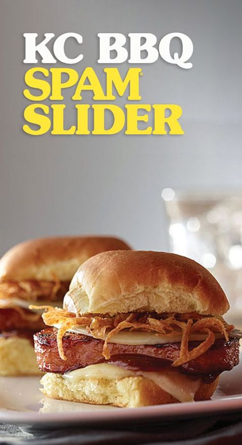 A thick cut of sizzled SPAM® Classic slathered in sauce have these KC BBQ SPAM® Sliders dripping with flavor. | BBQ | Sliders | SPAM® Brand | Appetizers | Burgers Spam Sliders, Spam Recipes Dinners, Spam Sandwich, Slider Recipe, Bbq Sliders, Spam Recipes, Carolina Bbq Sauce, Homemade Barbecue Sauce, Hawaiian Sweet Rolls