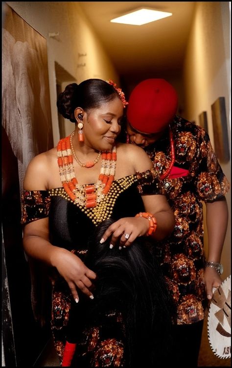 Igbo traditional attire Igba nkwu Isi agu Igbo Pre Wedding Photoshoot, Igbo Traditional Attire, Igbo Wedding Dress, Igbo Culture, Isi Agu, Marriage Dresses, Igbo Traditional Wedding, Igbo Bride, Pre Wedding Photoshoot Props