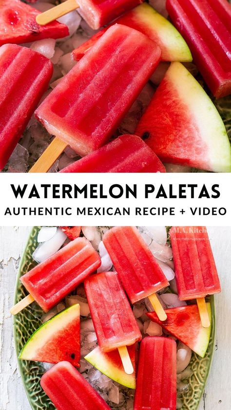 Collage with two photos of watermelon ice pops and with text overlay. Watermelon Paletas Recipe, Mexican Paletas Recipe, Paletas Recipe, Paletas Recipes, Watermelon Ice Pops, Authentic Mexican Desserts, Fruit Ice Pops, Healthy Popsicle Recipes, Watermelon Pops