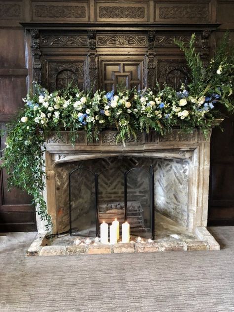 Flower Fireplace, Fireplace Florals, Fireplace Flowers, Flower Fire, Blue Winter Wedding, Fireplace Decorations, Bridal Bouquet Blue, Winter Wedding Flowers, Mantle Piece