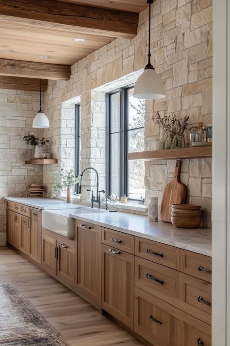 13 Cozy Kitchen Aesthetic Ideas To Warm Your Home – DreamyHomeStyle California Ranch Kitchen, Colorado Kitchen Design, Warm Neutral Kitchen Ideas, Mountain Home Kitchens, Cabin Kitchen Remodel, Warm House Aesthetic, New House Must Haves, Modern Log Cabin Kitchen, Ski House Kitchen