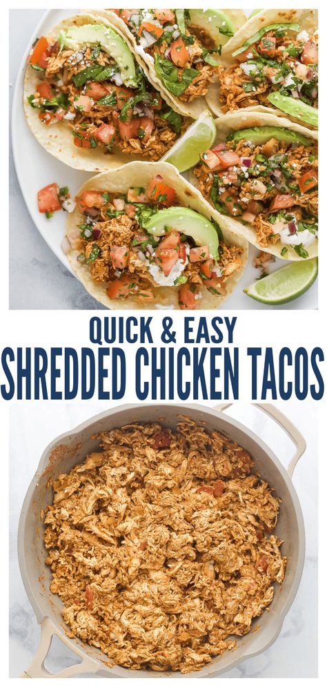 These smokey rotisserie chicken tacos are done in 30 minutes and topped with creamy avocado and fresh pico de gallo! Guaranteed to be your new taco night favorite. Shredded beef, pork, or turkey are great ways to spice things up too. #chickentacos #tacorecipe #chickenrecipes #easychickendinner #easydinnerideas #taconight Rotisserie Chicken Tacos, Healthy Chicken Tacos, Chicken Tacos Recipe, Easy Shredded Chicken, Mexican Shredded Chicken, Shredded Chicken Tacos, Chicken Taco Recipes, Chunky Salsa, Healthy Tacos