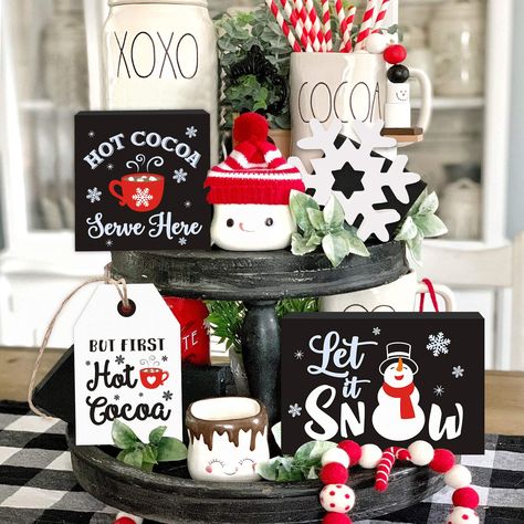 PRICES MAY VARY. ☕ Hot Cocoa Tiered Tray Decor - 4pcs Hot Cocoa Tiered Tray Signs(Black and White Style) include 1 "HOT COCOA Serve Here" sign, 1 "Let it Snow" sign, 1 "But First Hot Cocoa" tag, and 1 snowflake block. These adorable signs will be a perfect addition to your tiered trays, hot cocoa bars, coffee bars, shelves or tables. ❄ Premium Material - These Hot Cocoa Wood Signs are made from natural wood and may have imperfections. We feel that this is what gives our signs their uniqueness an Coffee Bar Tiered Tray, Rae Dunn Decor, Tray Decor Christmas, Coffee Stations, Tier Trays, Holiday Sprinkles, Christmas Tray, Tray Ideas, Hot Cocoa Bar