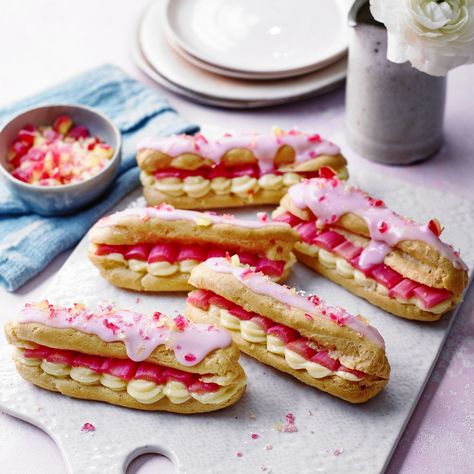 Rhubarb and Custard Éclairs Recipeghkuk Best Rhubarb Recipes, Best Afternoon Tea, Afternoon Tea Recipes, Rhubarb And Custard, Food Tech, Tea Party Food, Choux Pastry, Rhubarb Recipes, Eclairs