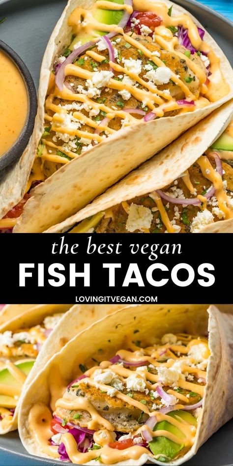 These vegan fish tacos are so good! Crispy beer battered vegan ‘fish’ with fresh veggies, vegan feta and the best vegan fish taco sauce! Perfect for Taco Tuesdays. Plant Based Fish Recipes, Vegan Fish Sandwich, Vegan Fish Tacos, Fish Taco Sauce, Monday Recipes, Vegan Feta, Vegan Taco, Vegan Mexican Recipes, Fusion Dishes