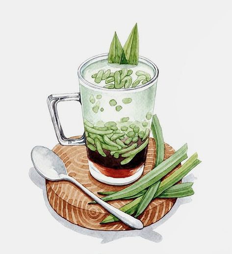 Cendol Illustration, Painting Food, Food Doodles, Food Artwork, Food Sketch, Food Cartoon, Food Illustration Art, Watercolor Food, Food Painting