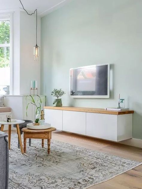 Mint Accent Wall, Accent Wall Living Room, Wood Walls Bedroom, Mint Green Walls, Rectangular Living Rooms, Modern Appartement, Wall Living Room, Green Walls, Interior Modern