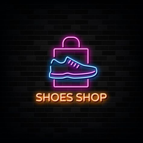 Shoes shop neon signs vector | Premium Vector #Freepik #vector #logo #fashion #shopping #shop Sneaker Logo Idea, Shoes Shop Design, Shoes Logo Design, Shopping Logo Design, Shoe Logo Ideas, Shoe Logo Design, Sneaker Logo, Logo Online Shop, Black Friday Sale Banner