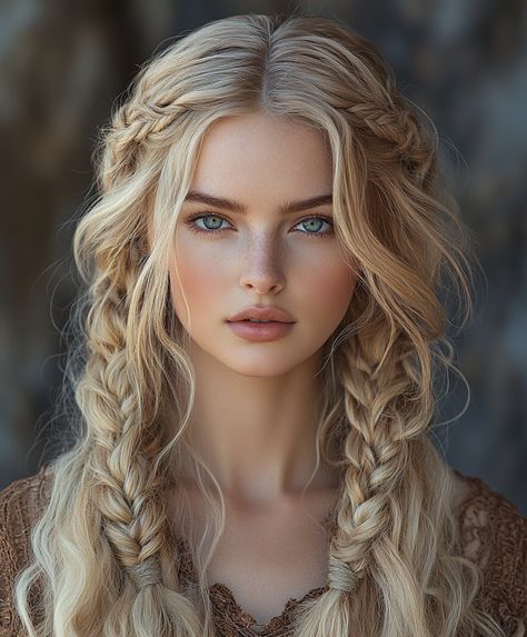 how to do viking braids hairstyles Viking Hair Aesthetic, Caucasian Braids Hairstyles, Targarian Hair Styles, Witchy Braids, Blonde Viking Woman, Nordic Braids Women, Romani Braids, Viking Bridal Hair, Elaborate Braids