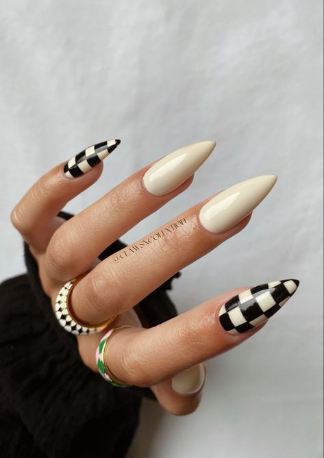 Black Nails Checkered, Nails Checkered, Nail Inspo 2023, Nails Cream, Long Nails Almond, Ivory Nails, Nails Abstract, Elegant Touch Nails, Checkered Nails