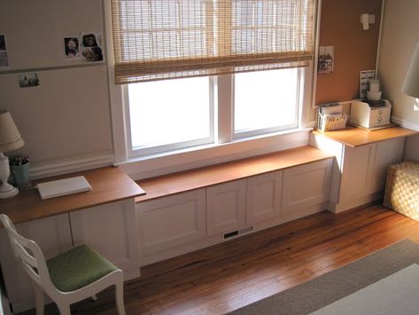 Cabinets Under Window, Family Workspace, Stucco Bungalow, Organization Challenge, Window Cabinet, Low Bookshelves, Dining Room Cabinet, Kitchen Desks, Organizing Challenges