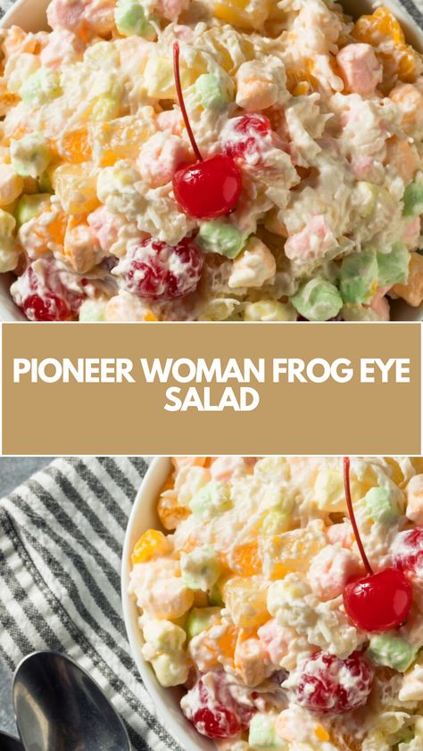 Pioneer Woman Frog Eye Salad is made with Pineapple tidbits, crushed pineapple, reserved pineapple juice, mandarin oranges, shredded coconut, mini marshmallows, acini de pepe noodles, bananas, heavy whipping cream, powdered sugar, granulated sugar, egg yolk, salt, cornstarch, and takes 2 hour and 25 minutes to be ready! Mandarin Orange Cookie Salad, Frogs Eye Salad, Pioneer Woman Salad Recipes, Pistachio Salad Pineapple, Frog Eye Salad Recipe Original, Pioneer Woman Pea Salad, Junkyard Salad, Frog Eyed Salad, 24 Hour Salad