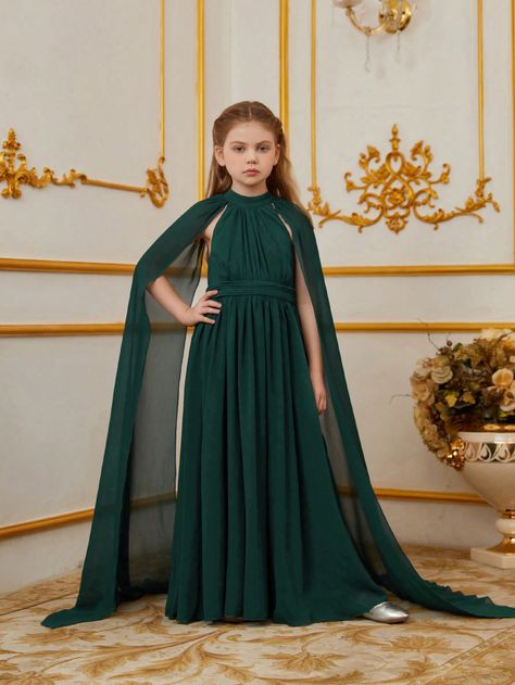 Dark Green Party Collar Extra-Long Sleeve Chiffon Plain Fitted Embellished Slight Stretch  Tween Girls Clothing Party Frock Designs, Dress For Formal, Chiffon Cape, Nikah Dress, Wedding Dresses For Kids, Nikkah Dress, Latest Dress Design, Party Frocks, Long Dress Design