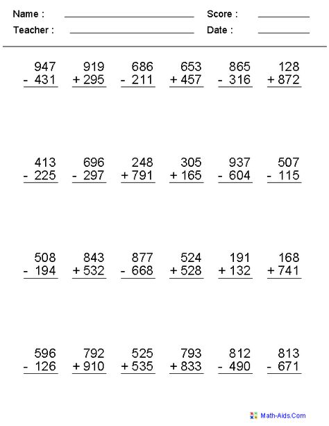 2, 3, or 4 Digits Mixed Operator Worksheets Subtraction Across Zeros, Subtraction With Regrouping Worksheets, Math Subtraction Worksheets, Math Fact Worksheets, Math Practice Worksheets, Numbers Worksheet, Decimals Worksheets, Worksheets For Grade 3, Math Subtraction