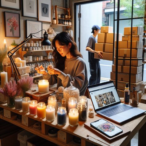 Mina turned her candle-making hobby into a thriving business in Seoul. Through Instagram, she shared captivating stories, high-quality images, and videos. Mina hosted giveaways, workshops, and user-generated content, building a loyal community and achieving international success. Join the creative revolution!✨🕯️#CraftBusiness #CreativeJourney #SmallBiz #CandleMaker #InspireCreate #HandmadeWithLove #DIYSuccess Successful Candle Business, Profitable Crafts, Candle Workshop, Business Vision Board, Thriving Business, Candle Making Kit, Board Inspiration, Vision Board Inspiration, Candle Maker