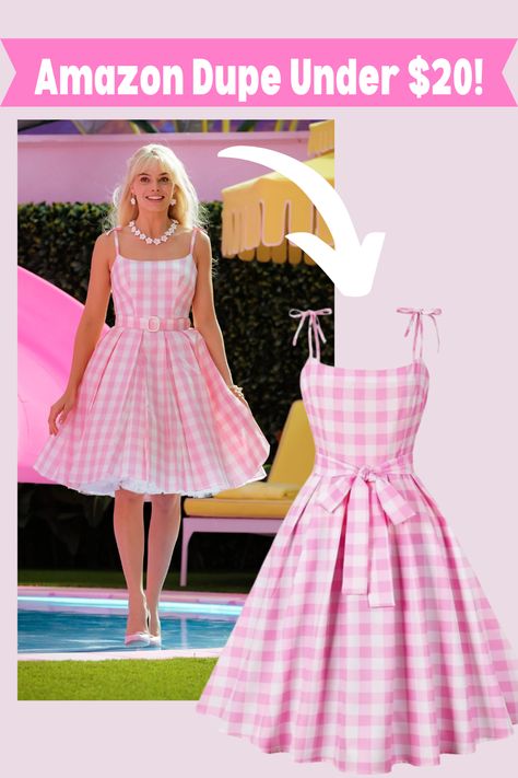 This dress is a pretty close dupe to the dress Margot Robbie wears in the opening scenes of Barbie. As an Amazon Associate, I earn from qualifying purchases. #barbiecore #barbie #barbiemovie #barbiecostume Barbie Plaid Outfit, Barbie Checkered Dress, Modest Barbie Costume, Barbie Gingham Dress, Stereotypical Barbie Costume, Barbie Movie Outfits Margot Robbie, Barbie The Movie Outfits, Plus Size Barbie Costume, Barbie Costumes Women