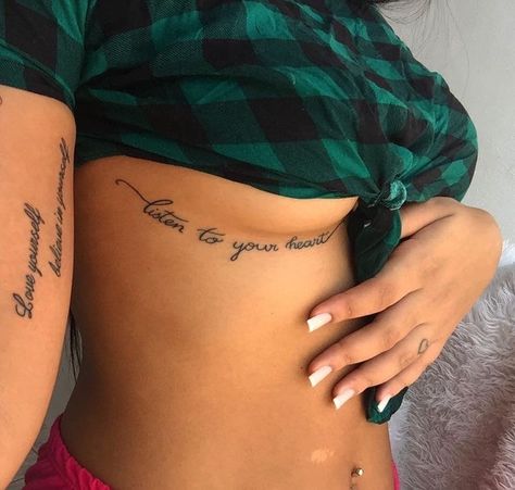 Up The Side Tattoos, Love Him Tattoos For Women, Love Life Tattoo For Women, Under Noon Tattoo, Name Under Breast Tattoo, Love Handle Tattoos Women, Baddie Tats Hip, Small Women Tattoos Ideas, Under The Buttcheek Tattoo