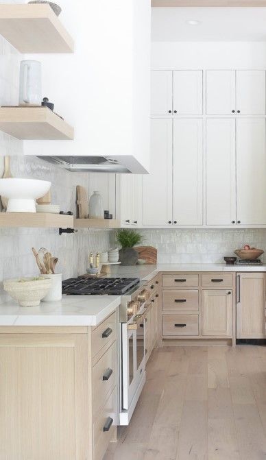 k Wood And White Cabinets, Bright Modern Kitchen, Stock Kitchen Cabinets, Rta Kitchen Cabinets, Wood And White, Basic Kitchen, Kitchen Design Ideas, White Cabinets, Touch Of Modern