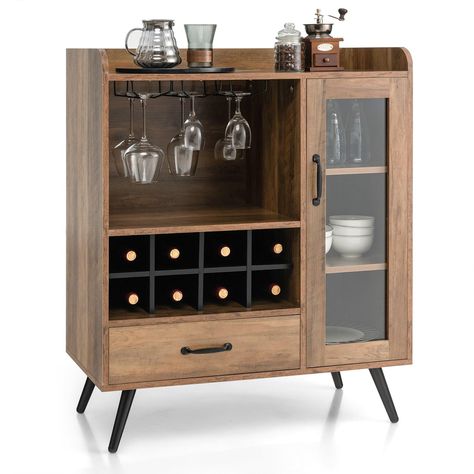 (Ad) Byroce Wine Bar Cabinet, Coffee Bar Cabinet with Storage Shelves, 6-Glass Holder, 8-Bottle Liquor Rack & Drawer, Small Buffet Sideboard with Glass Door for Dining Room, Living Room, Kitchen #winecabinetwithstorage Wood Buffet Cabinet, Cabinet Wine Rack, Liquor Bar Cabinet, Bar Buffet Cabinet, Wine Rack Glass Holder, Mid Century Modern Sideboard, Liquor Bar, Wine Bar Cabinet, Wood Buffet