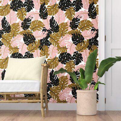 Bay Isle Home Woodruff Removable Palm Leaves 8.33' L x 25" W Peel and Stick Wallpaper Roll Brick Wallpaper Roll, 7 Piece Dining Set, Brick Wallpaper, Solid Wood Dining Chairs, Wallpaper Murals, Winter Wallpaper, Accent Wallpaper, Wallpaper Panels, Upholstered Dining Chairs