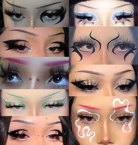 Alt Liner Makeup, What Is Baking Makeup, Experimental Eye Makeup, Pretty Alt Makeup, Graphic Makeup Eyeliner, Alt Makeup Looks Eyeliner, Dots On Face Makeup, Goth Brows, Alt Eyeliner Styles