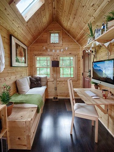 This 140-square-foot charmer packs in plenty of rustic elegance. Mansion Living, Wood Walls, Tiny House Inspiration, Tiny Cabin, Tiny Spaces, Tiny House Interior, Tiny House Cabin, Small Cabin, Cabins And Cottages