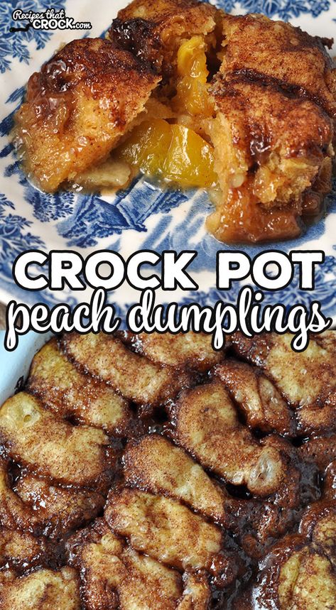 This Crock Pot Peach Dumplings recipe takes one of our favorite dessert recipes, Crock Pot Apple Dumplings and gives it a summer taste! Crockpot Dessert, Crockpot Cake, Peach Dumplings, Peach Dump Cake, Dump Cakes, Peach Recipes, Crock Pot Desserts, Pop Tart, Slow Cooker Desserts