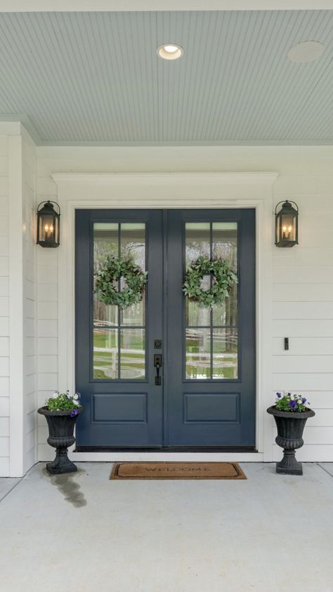 Accent Front Door Color White House, White House Navy Door, French Country Front Door Ideas, White House Colored Door, French Blue Front Door, Light Blue House Exterior, Navy Blue Front Door, French Country Front Door, Farmhouse French Doors