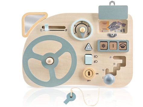 With all the essential elements of a car dashboard, this Montessori inspired wooded busy board is sure to be a huge hit with little kids who love cars. #baby #babygirl #babyboy #babyshowerideas #babyfashion #everythingbaby #momlife #momlifeisthebestlife #shoppingonline #babyshopping #comfybaby #babytrends #amazonfinds #montisorybaby #montisory #babytoys #toddlertoys Baby Sensory Board, Montessori Busy Board, Montessori Educational Toys, Busy Boards For Toddlers, Sensory Boards, Fine Motor Skills Development, Activity Board, Busy Board, Montessori Toddler